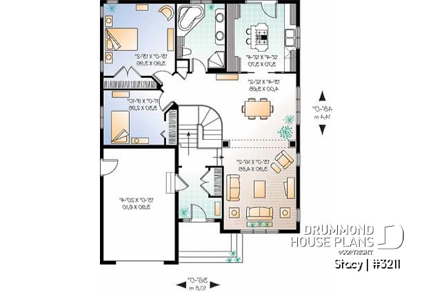 1st level - Small, comfortabe & affordable bungalow house plan, garage, for narrow lot, 2 bedrooms, open plan, 11' ceiling - Stacy