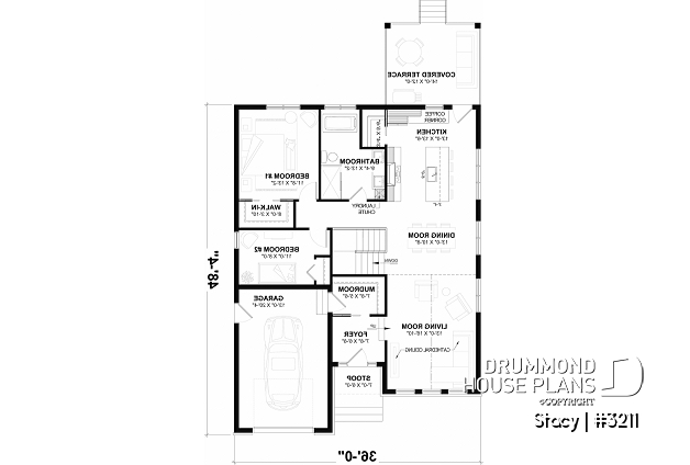 1st level - Single-Story Country House Plan with Single Garage, Cathedral Ceiling and Bright Open Living - Stacy