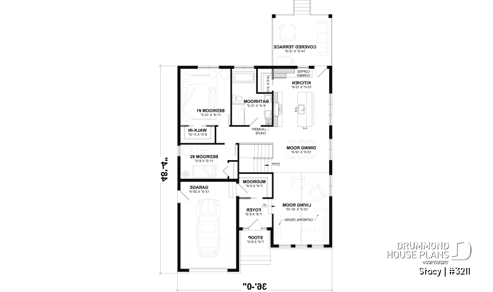 1st level - Single-Story Country House Plan with Single Garage, Cathedral Ceiling and Bright Open Living - Stacy