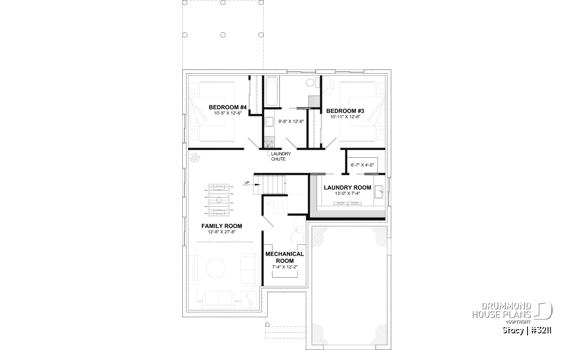 Finished basement (Optional $) - Single-Story House Plan with Garage, 2 bedrooms on main floor, optional finished basement - Stacy