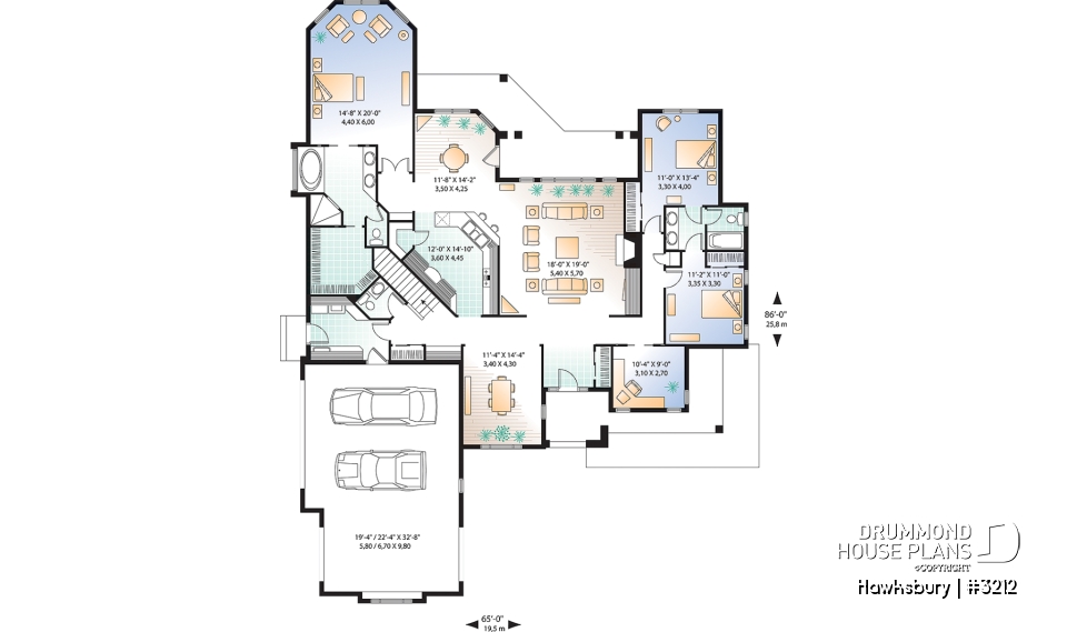 1st level - Mediterranean style design with split bedroom concept, home office, 3-car garage, large open floor plan - Hawksbury