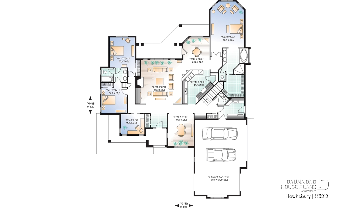 1st level - Mediterranean style design with split bedroom concept, home office, 3-car garage, large open floor plan - Hawksbury