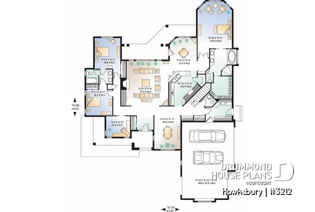 1st level - Mediterranean style design with split bedroom concept, home office, 3-car garage, large open floor plan - Hawksbury
