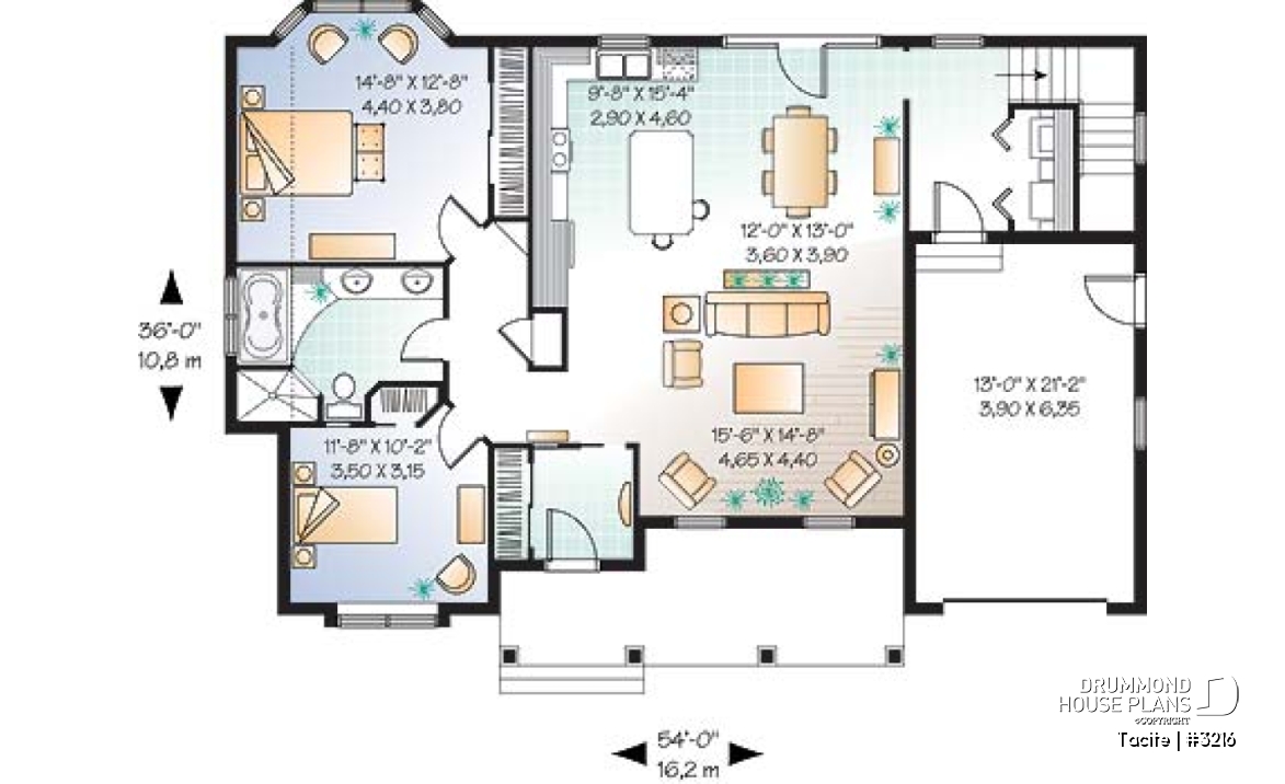 1st level - Country bungalow house plan w/garage, open floor plan, large master bedroom w/sitting area, 9' ceiling - Tacite