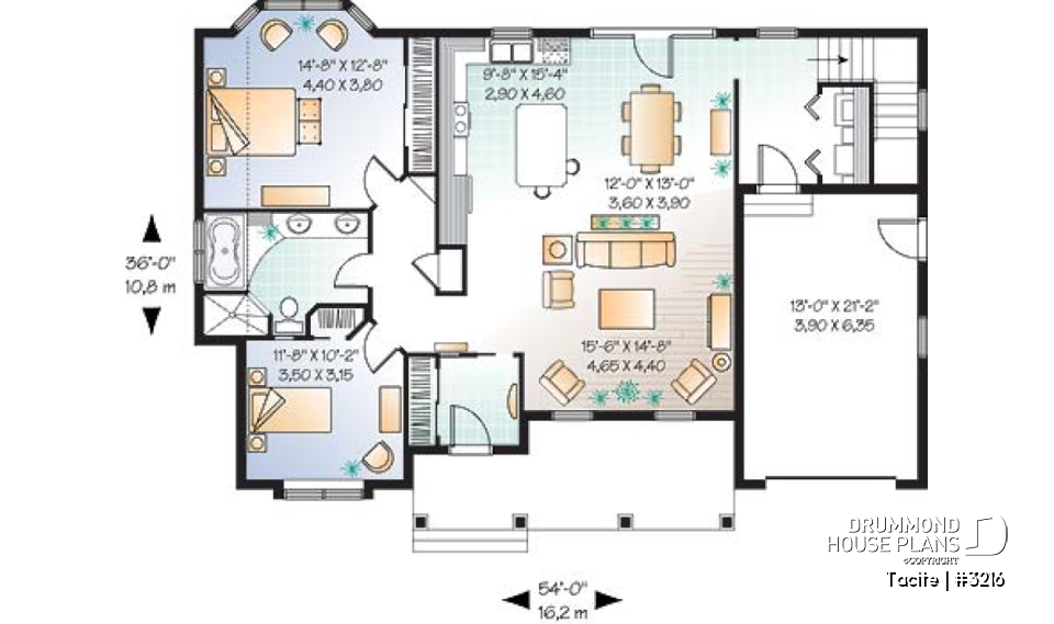 1st level - Country bungalow house plan w/garage, open floor plan, large master bedroom w/sitting area, 9' ceiling - Tacite