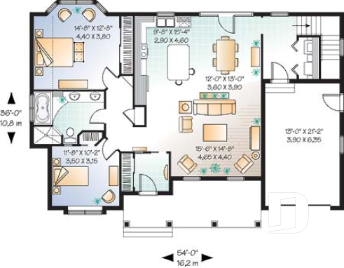 1st level - Country bungalow house plan w/garage, open floor plan, large master bedroom w/sitting area, 9' ceiling - Tacite