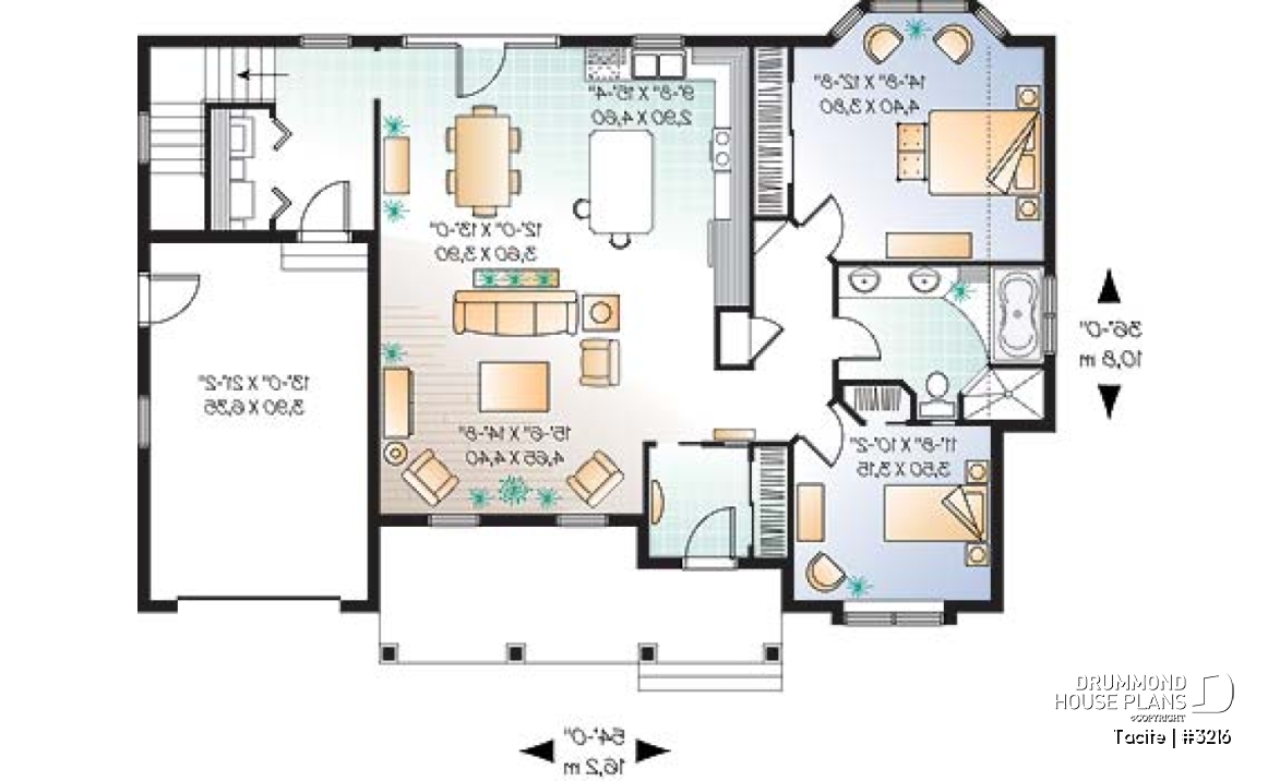 1st level - Country bungalow house plan w/garage, open floor plan, large master bedroom w/sitting area, 9' ceiling - Tacite