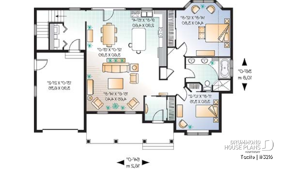 1st level - Country bungalow house plan w/garage, open floor plan, large master bedroom w/sitting area, 9' ceiling - Tacite