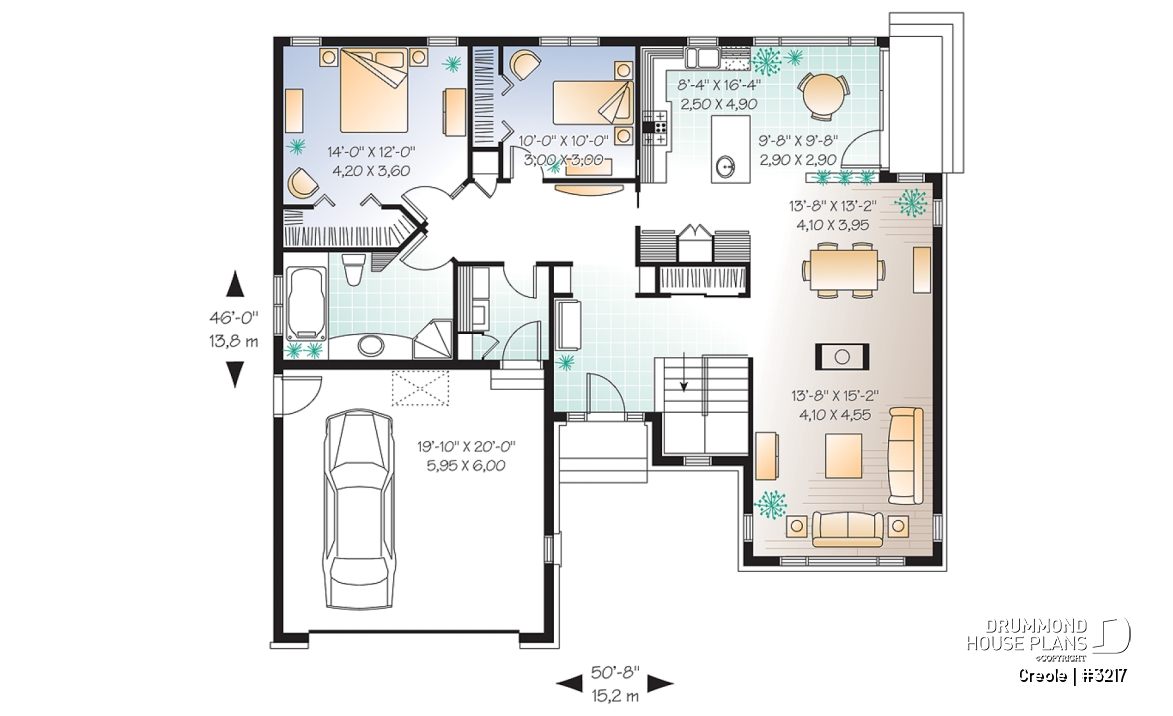 1st level - 2 bedroom bungalow house plan with 2-car garage, cathedral ceiling &amp; breafast nook - Creole