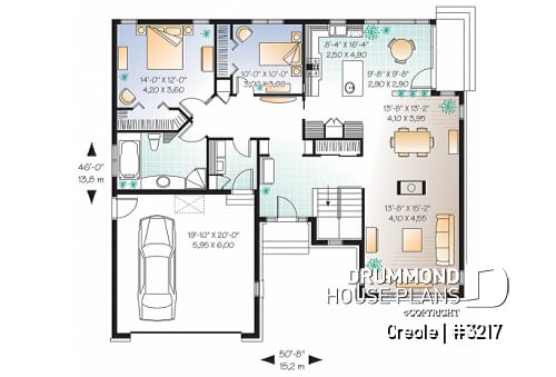 1st level - 2 bedroom bungalow house plan with 2-car garage, cathedral ceiling & breafast nook - Creole