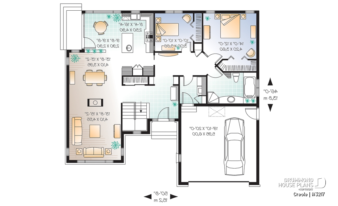 1st level - 2 bedroom bungalow house plan with 2-car garage, cathedral ceiling &amp; breafast nook - Creole