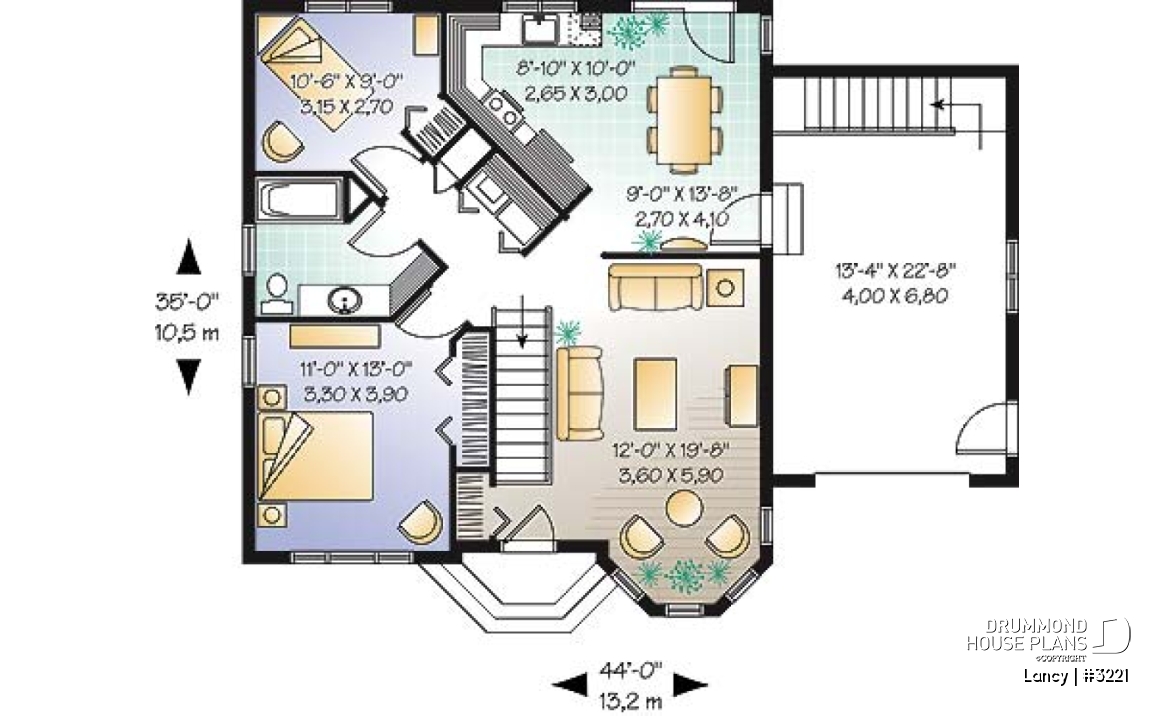 1st level - Budget friendly one-storey house plan with garage, 2 bedrooms, unfinished basement - Lancy