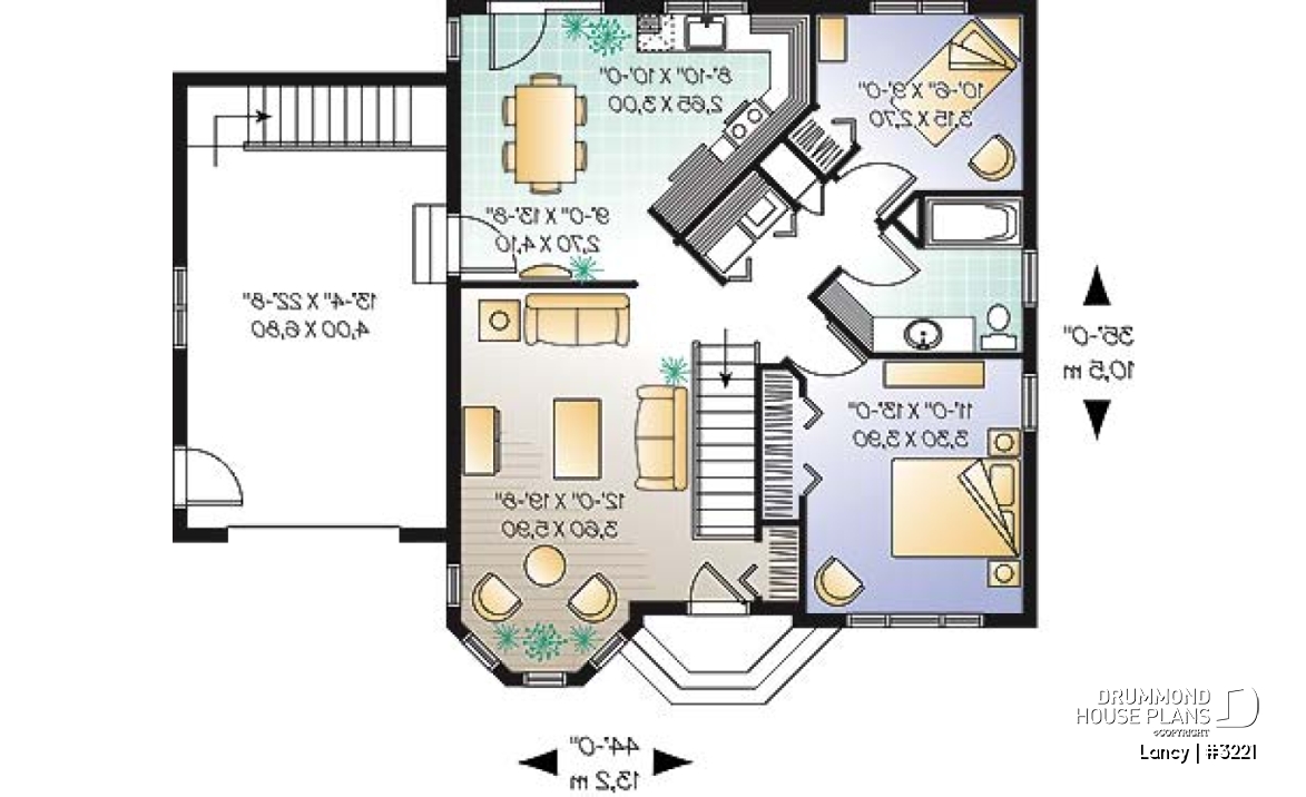 1st level - Budget friendly one-storey house plan with garage, 2 bedrooms, unfinished basement - Lancy