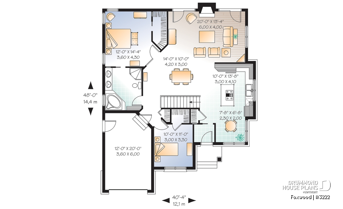 1st level - 2 bedroom bungalow house plan with garage and great fireplace in family room, breakfast nook - Foxwood