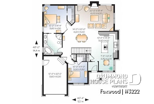 1st level - 2 bedroom bungalow house plan with garage and great fireplace in family room, breakfast nook - Foxwood
