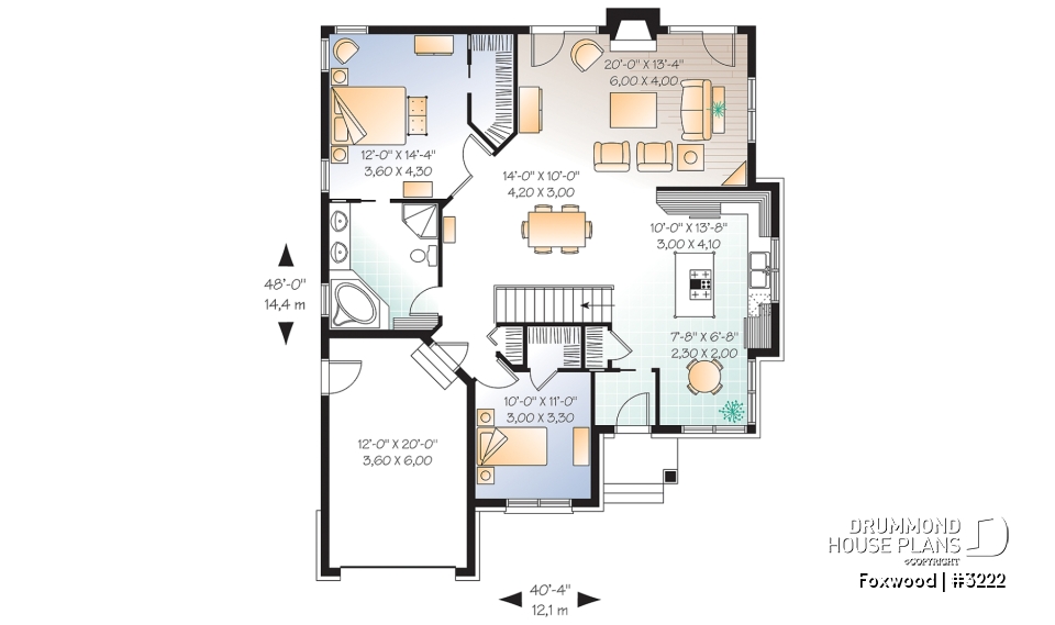 1st level - 2 bedroom bungalow house plan with garage and great fireplace in family room, breakfast nook - Foxwood