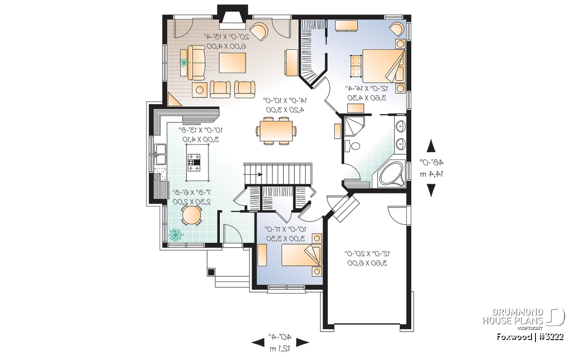 1st level - 2 bedroom bungalow house plan with garage and great fireplace in family room, breakfast nook - Foxwood