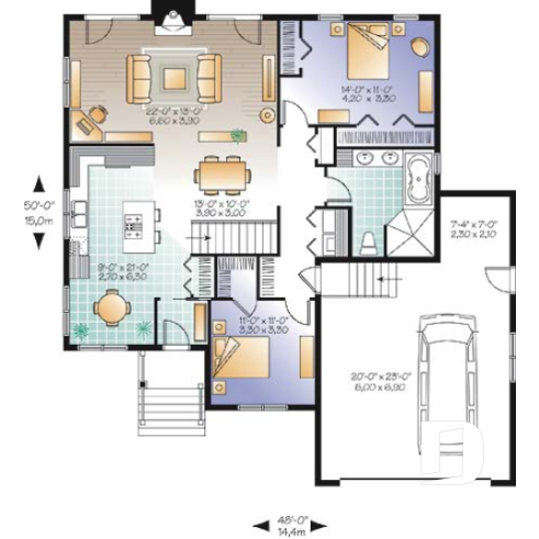 1st level - Affordable Modern Craftsman Bungalow, kitchen with breakfast area, large family room with fireplace  - Foxwood 2