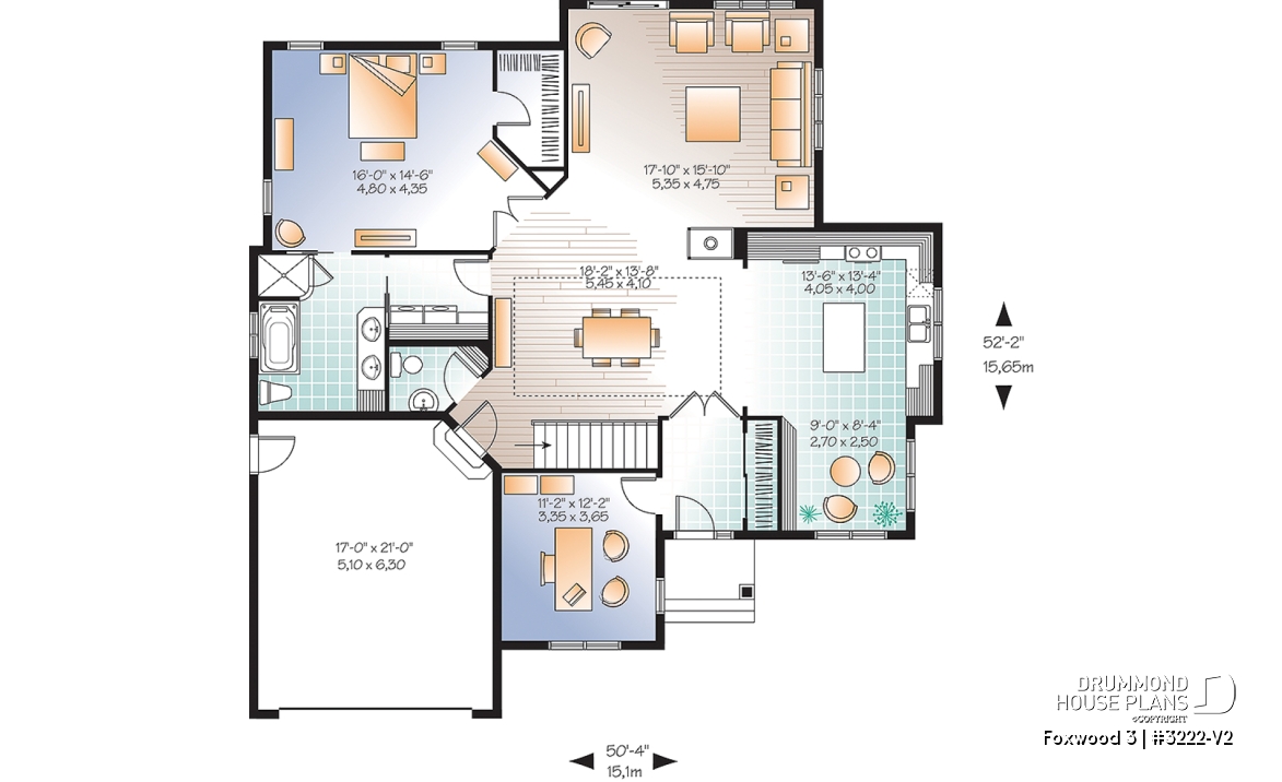 1st level - Luxurious Craftsman bungalow house plan, large master suite, large living room, den, fireplace and garage - Foxwood 3