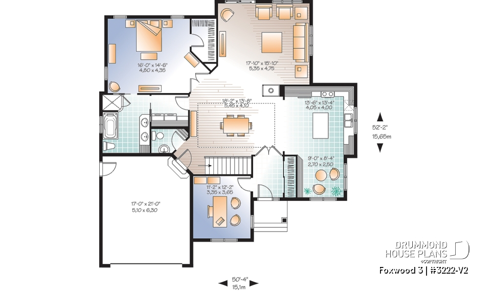 1st level - Luxurious Craftsman bungalow house plan, large master suite, large living room, den, fireplace and garage - Foxwood 3
