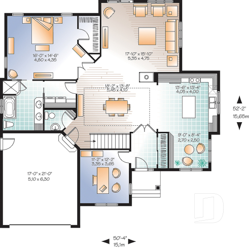 1st level - Luxurious Craftsman bungalow house plan, large master suite, large living room, den, fireplace and garage - Foxwood 3
