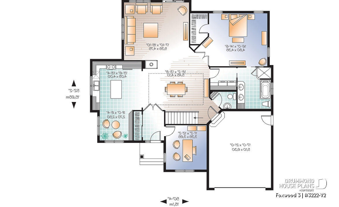 1st level - Luxurious Craftsman bungalow house plan, large master suite, large living room, den, fireplace and garage - Foxwood 3