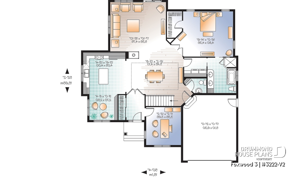 1st level - Luxurious Craftsman bungalow house plan, large master suite, large living room, den, fireplace and garage - Foxwood 3