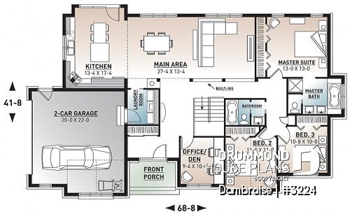 1st level - Comfortable 3 to 4 bedroom Ranch bungalow house plan, 9' ceiling, large kitchen island, covered rear balcony - Dambroise