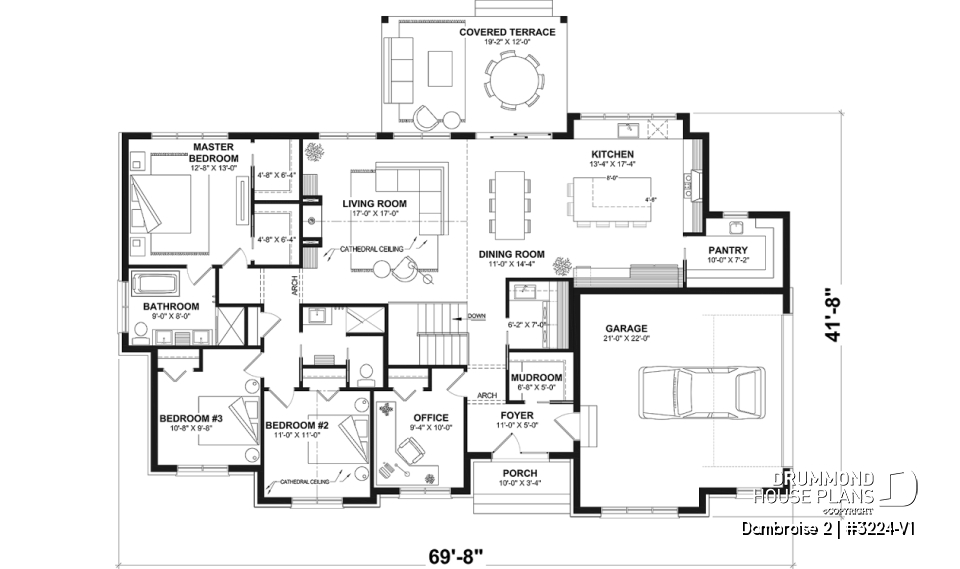 1st level - Bright Bungalow House Plan with Double Garage, Cathedral Ceiling and Up to 6 Bedrooms - Dambroise 2