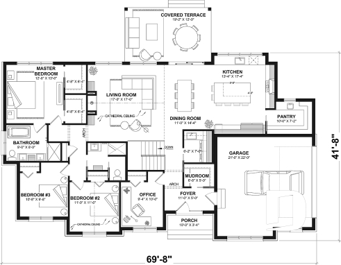 1st level - Basement foundation - Bright Bungalow House Plan with Double Garage, Cathedral Ceiling and Up to 6 Bedrooms - Dambroise 2