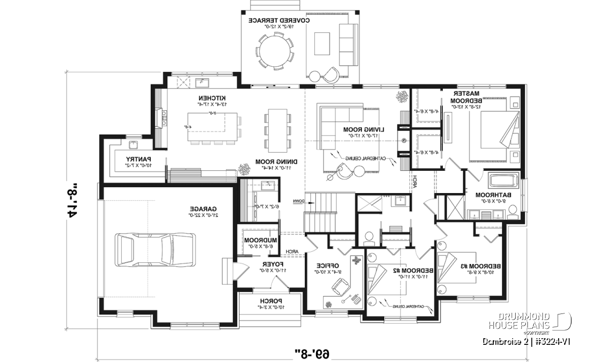 1st level - Basement foundation - Bright Bungalow House Plan with Double Garage, Cathedral Ceiling and Up to 6 Bedrooms - Dambroise 2