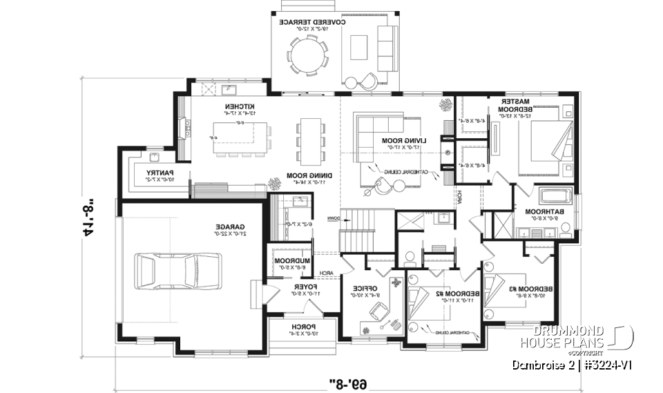 1st level - Bright Bungalow House Plan with Double Garage, Cathedral Ceiling and Up to 6 Bedrooms - Dambroise 2