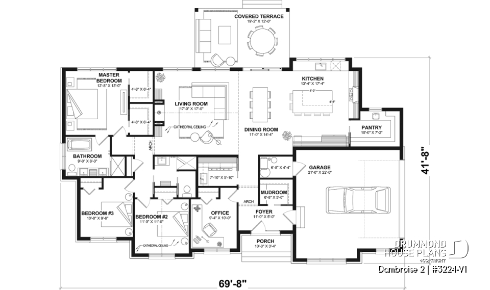 1st level - Slab foundation (Optional $) - Bright Bungalow House Plan with Double Garage, Cathedral Ceiling and Up to 6 Bedrooms - Dambroise 2