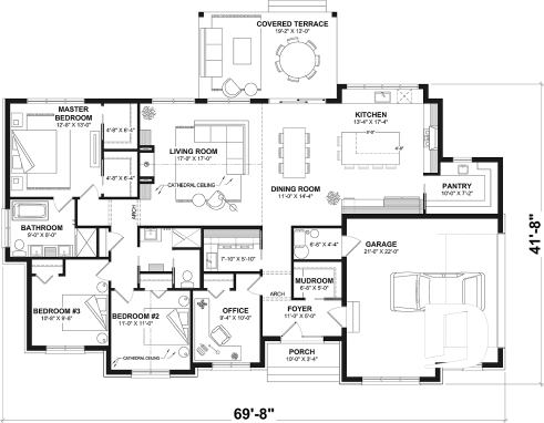 1st level - Slab foundation (Optional $) - Bright Bungalow House Plan with Double Garage, Cathedral Ceiling and Up to 6 Bedrooms - Dambroise 2