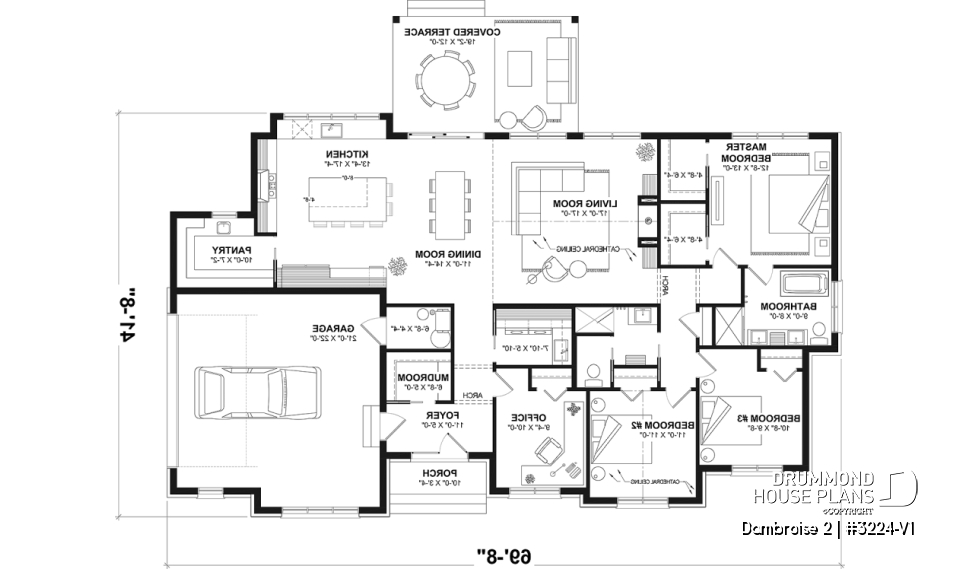 1st level - Slab foundation (Optional $) - Bright Bungalow House Plan with Double Garage, Cathedral Ceiling and Up to 6 Bedrooms - Dambroise 2