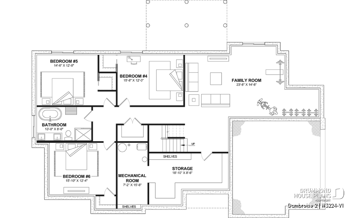 Finished basement (Optional $) - Bright Bungalow House Plan with Double Garage, Cathedral Ceiling and Up to 6 Bedrooms - Dambroise 2