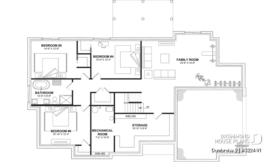Finished basement (Optional $) - Bright Bungalow House Plan with Double Garage, Cathedral Ceiling and Up to 6 Bedrooms - Dambroise 2