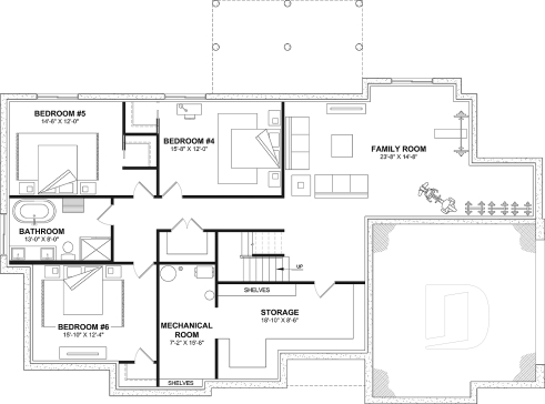 Finished basement (Optional $) - Bright Bungalow House Plan with Double Garage, Cathedral Ceiling and Up to 6 Bedrooms - Dambroise 2