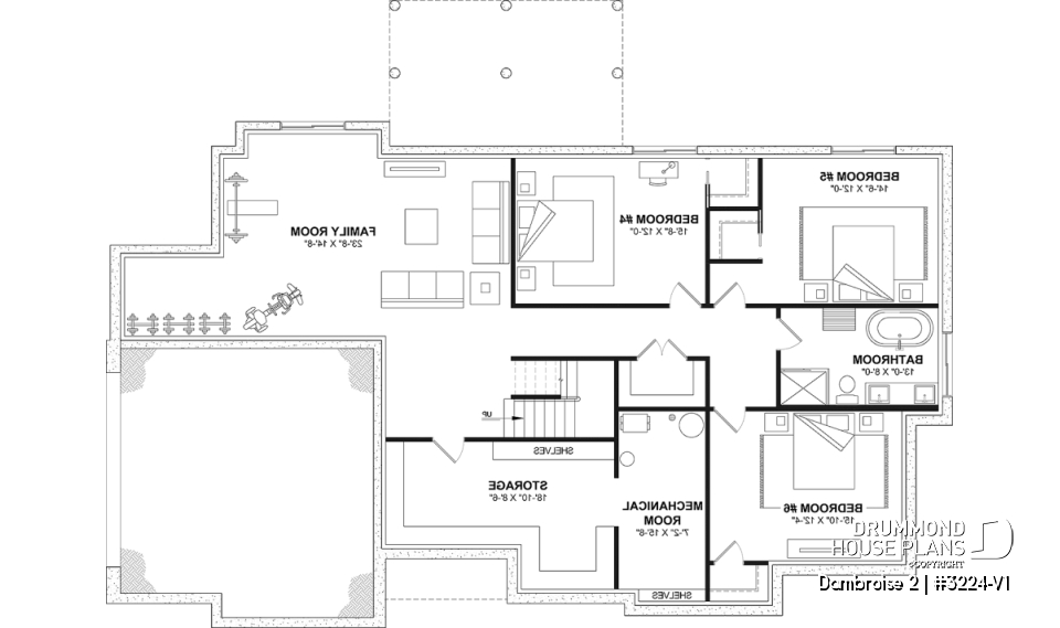 Finished basement (Optional $) - Bright Bungalow House Plan with Double Garage, Cathedral Ceiling and Up to 6 Bedrooms - Dambroise 2