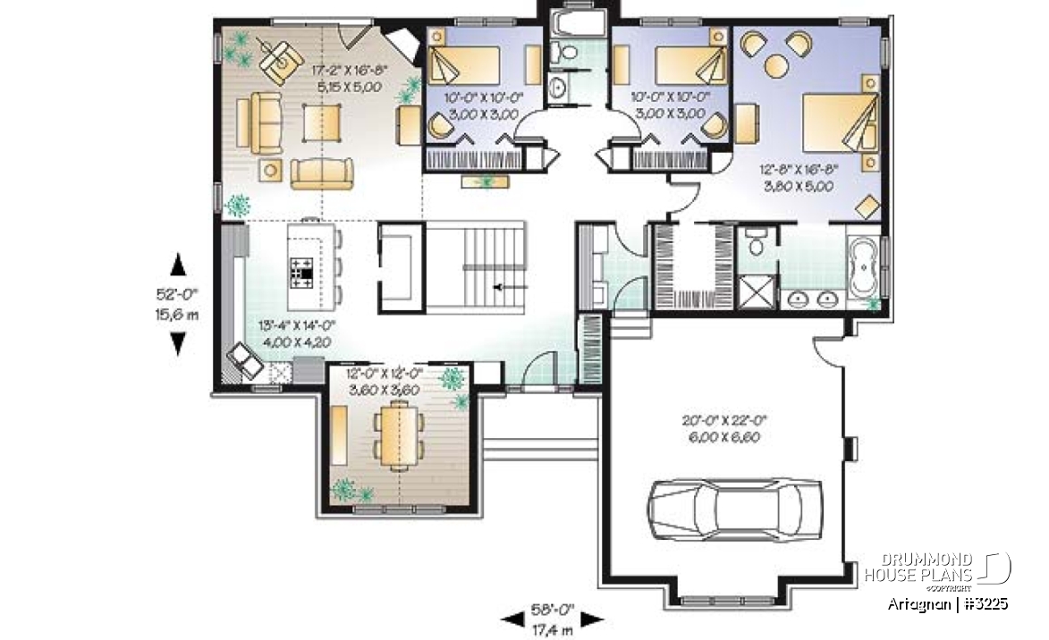 1st level - Affordable ranch house plan, 2-car garage, remarkable master suite, 3 bedrooms, 12' ceilings, amazing kitchen - Artagnan