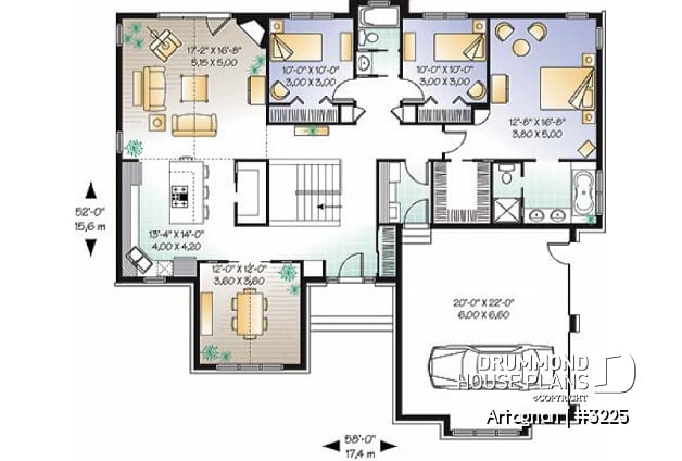 1st level - Affordable ranch house plan, 2-car garage, remarkable master suite, 3 bedrooms, 12' ceilings, amazing kitchen - Artagnan