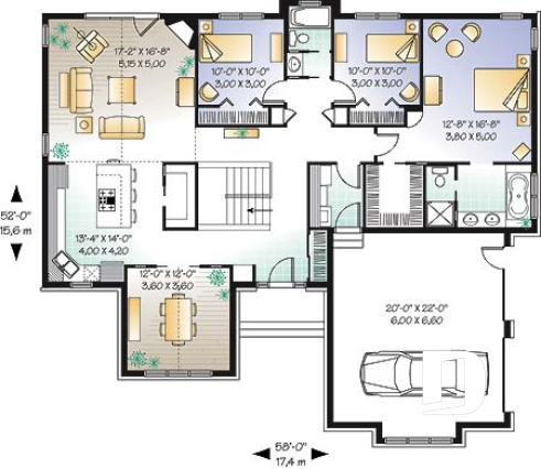 1st level - Affordable ranch house plan, 2-car garage, remarkable master suite, 3 bedrooms, 12' ceilings, amazing kitchen - Artagnan