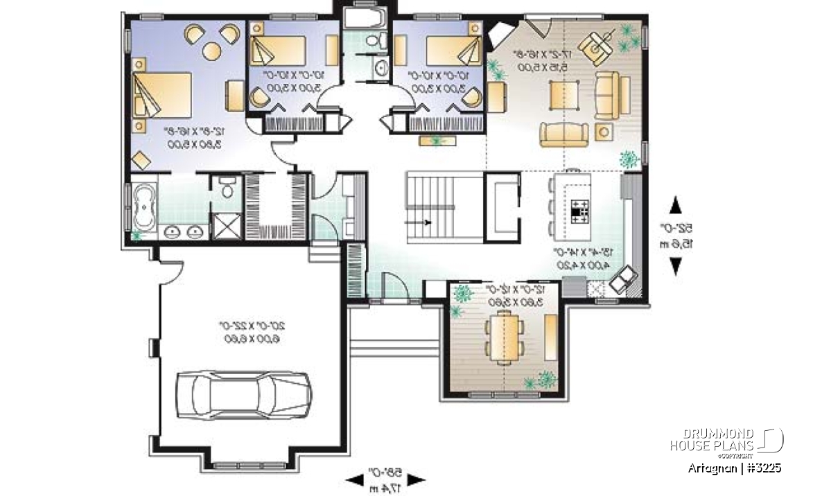 1st level - Affordable ranch house plan, 2-car garage, remarkable master suite, 3 bedrooms, 12' ceilings, amazing kitchen - Artagnan