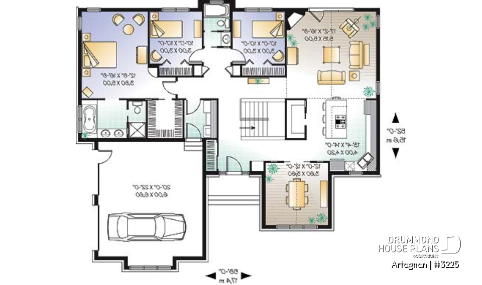 1st level - Affordable ranch house plan, 2-car garage, remarkable master suite, 3 bedrooms, 12' ceilings, amazing kitchen - Artagnan