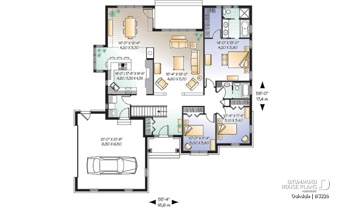 1st level - 3 bedroom Ranch house plan with two-car garage, master suite, total 3 bedrooms 2 baths, fireplace - Oakdale