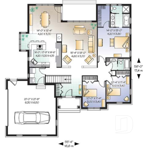1st level - 3 bedroom Ranch house plan with two-car garage, master suite, total 3 bedrooms 2 baths, fireplace - Oakdale
