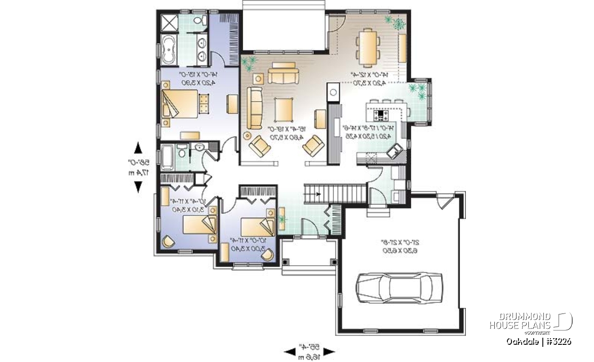 1st level - 3 bedroom Ranch house plan with two-car garage, master suite, total 3 bedrooms 2 baths, fireplace - Oakdale