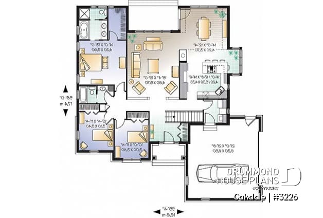 1st level - 3 bedroom Ranch house plan with two-car garage, master suite, total 3 bedrooms 2 baths, fireplace - Oakdale