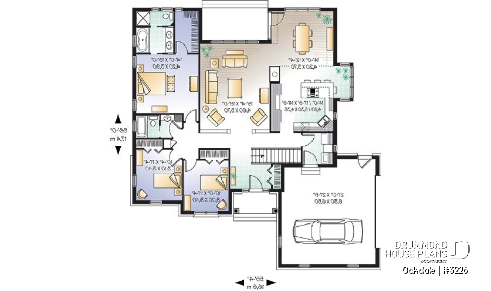 1st level - 3 bedroom Ranch house plan with two-car garage, master suite, total 3 bedrooms 2 baths, fireplace - Oakdale