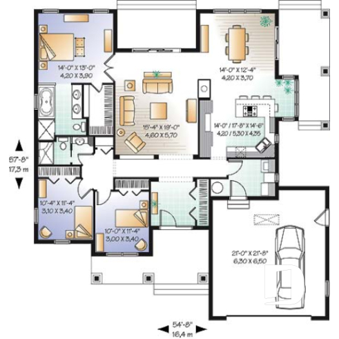 1st level - Beautiful Ranch style house plan with 2-car garage, 9' ceiling, master suite, 3 bedrooms, 2 bathrooms - Oakdale 2